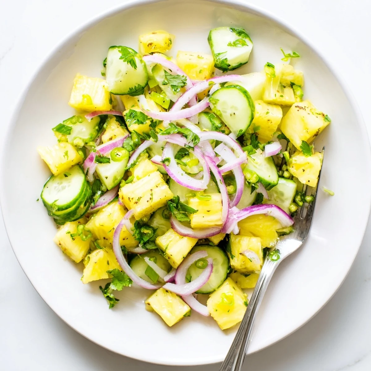 Fresh pineapple cucumber salad with vibrant lime dressing in white serving bowl