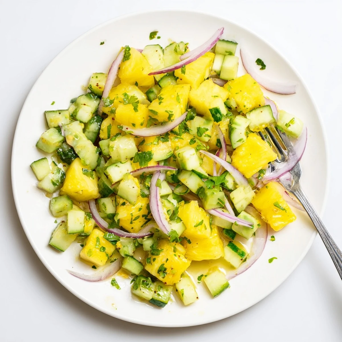 Refreshing pineapple cucumber salad plated on white dish with zesty lime vinaigrette dressing