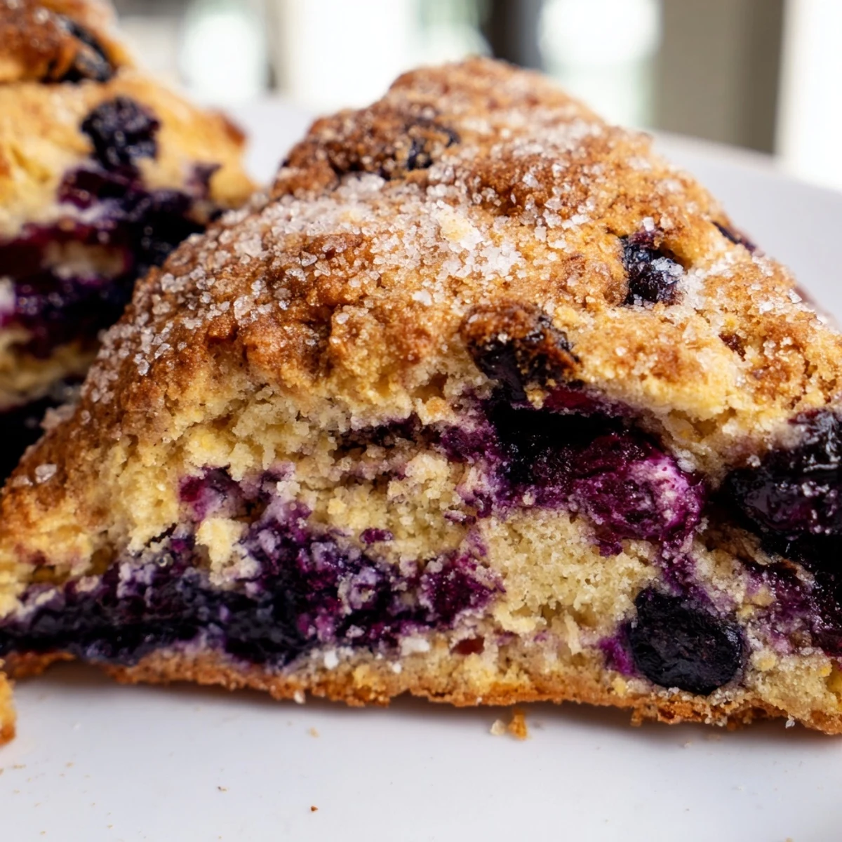 Golden Vietnamese cinnamon blueberry scones with juicy berries peeking through flaky layers