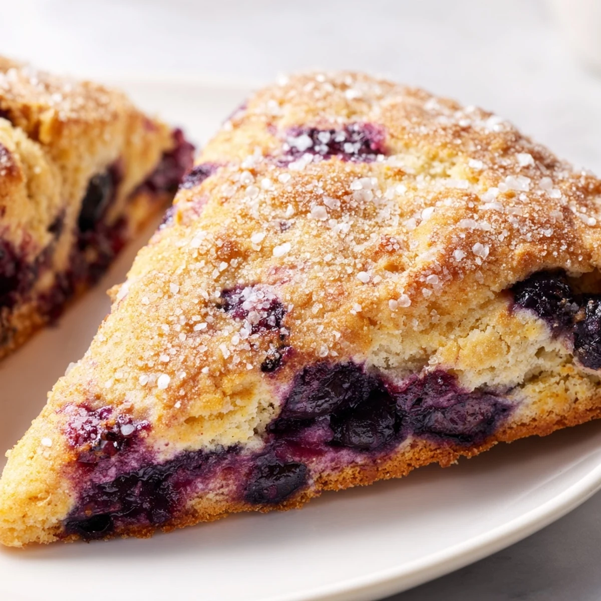 Eight warm wedges of Vietnamese cinnamon blueberry scones on a parchment-lined baking sheet