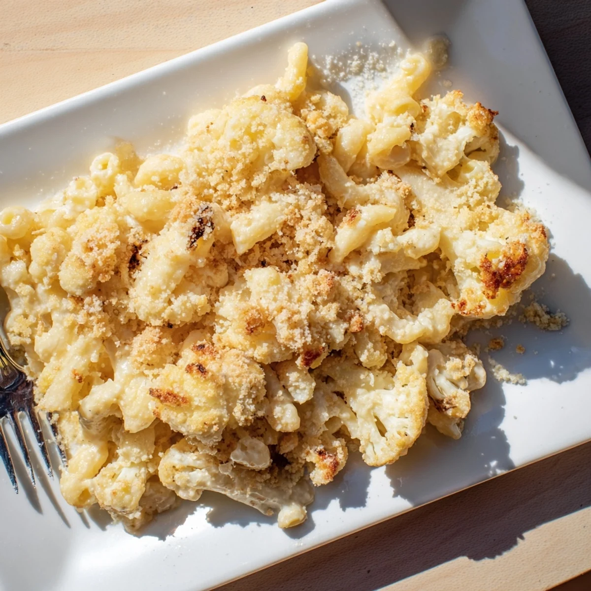 Creamy cauliflower mac and cheese bubbling in a baking dish with golden breadcrumb topping