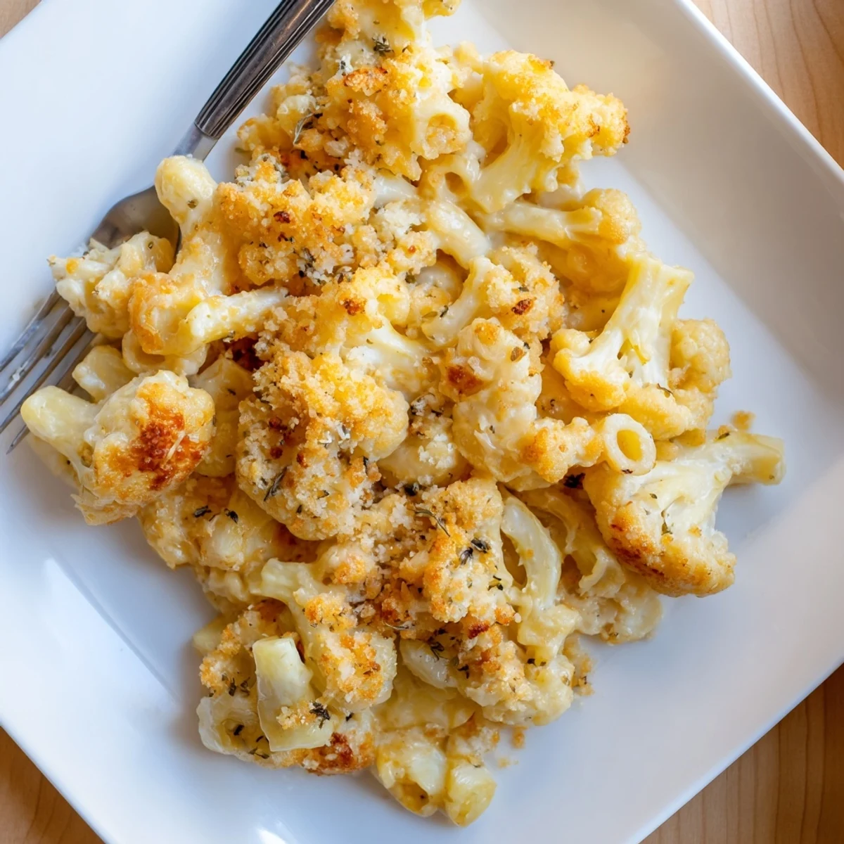 Comforting cauliflower mac and cheese casserole featuring pasta and vegetables in rich cheddar sauce