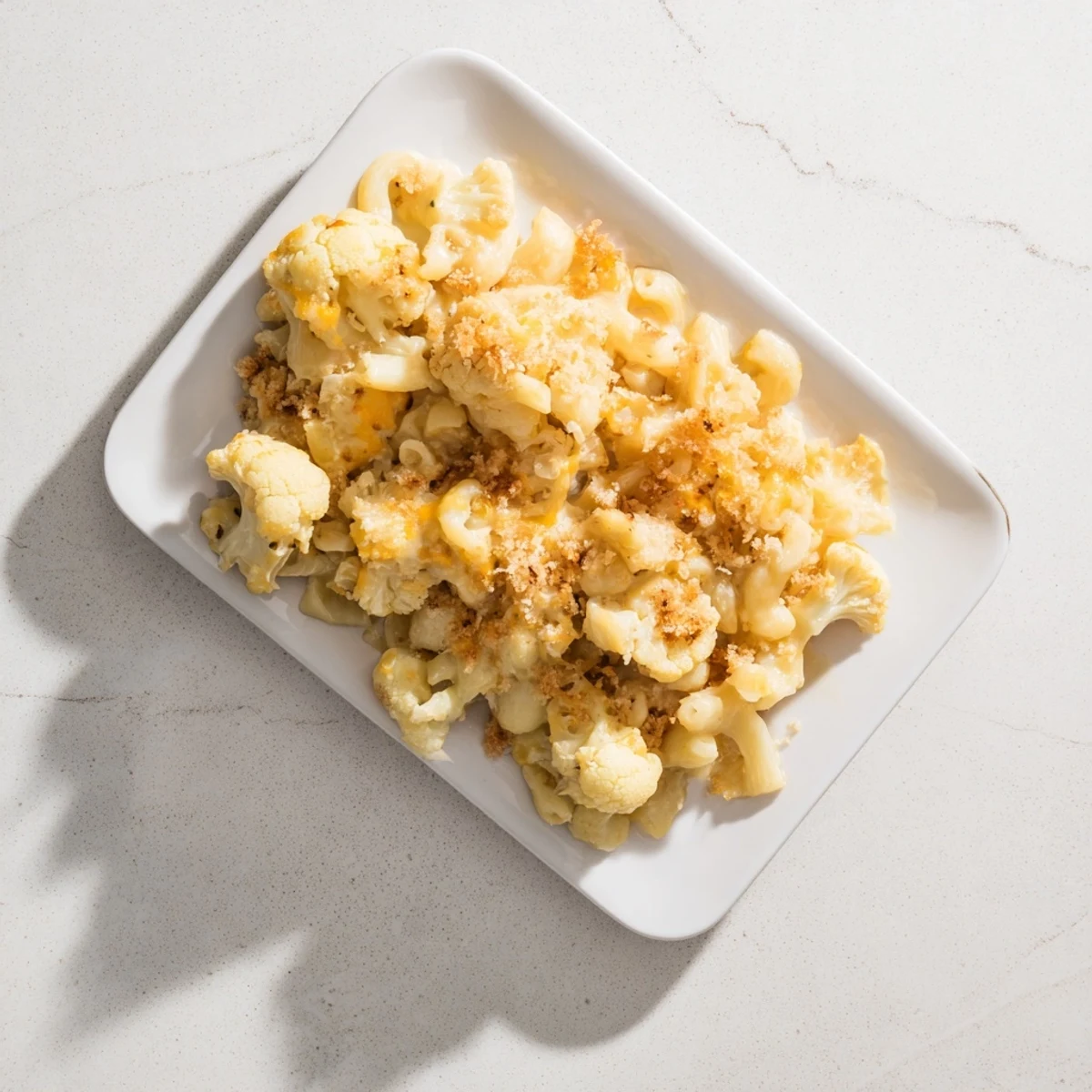 Baked mac and cheese with tender cauliflower florets coated in melted three-cheese sauce