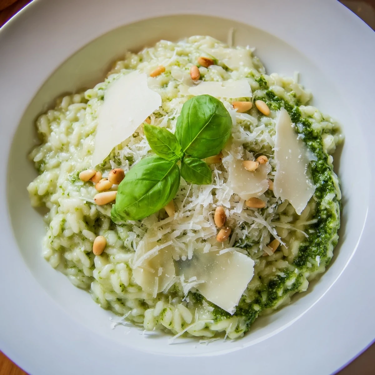 Steaming plate of Italian Parmesan pesto risotto garnished with pine nuts and fresh green basil