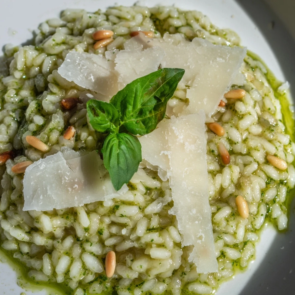 Close up of spoon lifting creamy Parmesan pesto risotto with visible green swirls and white cheese