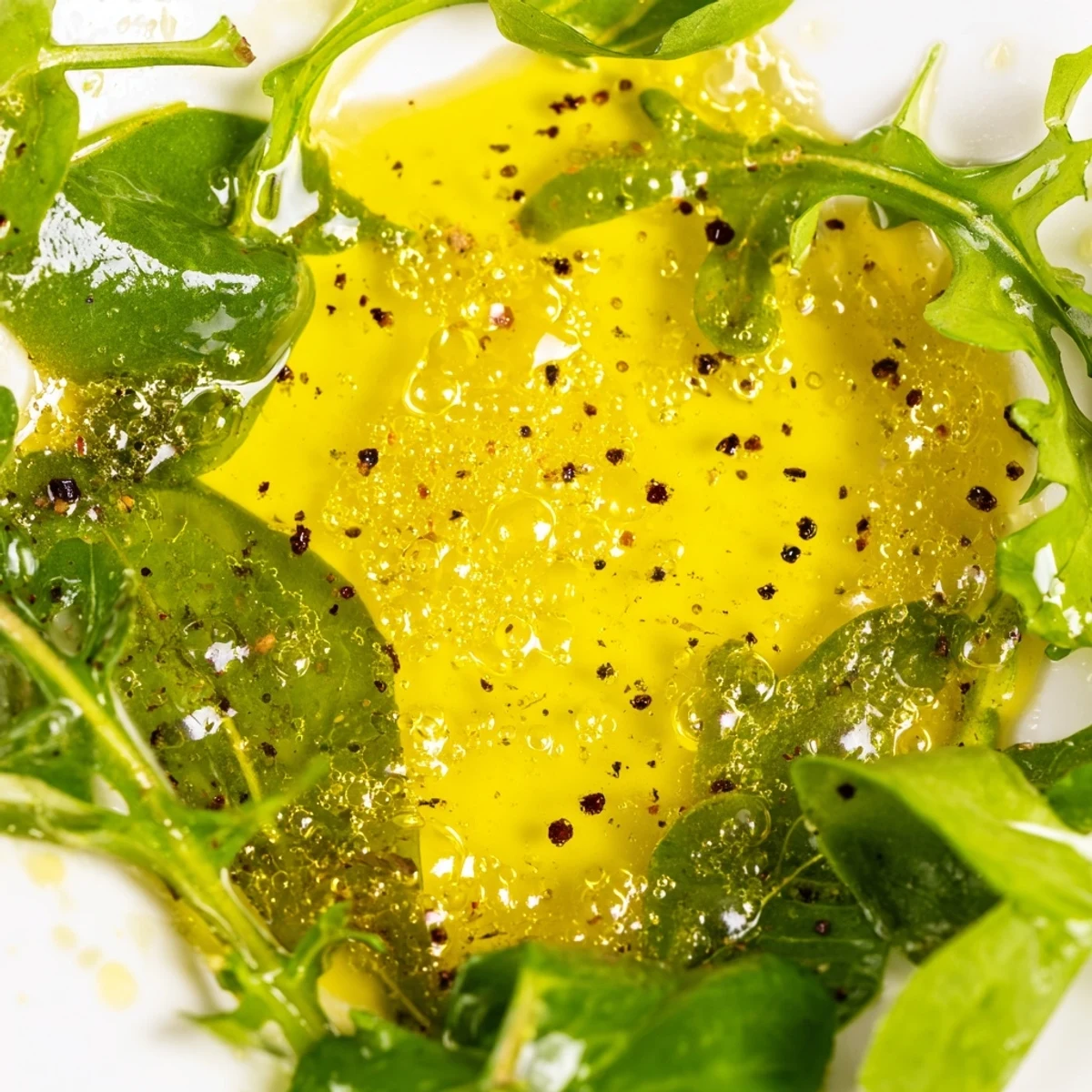 Golden honey lemon vinaigrette drizzled over fresh mixed greens in a white bowl