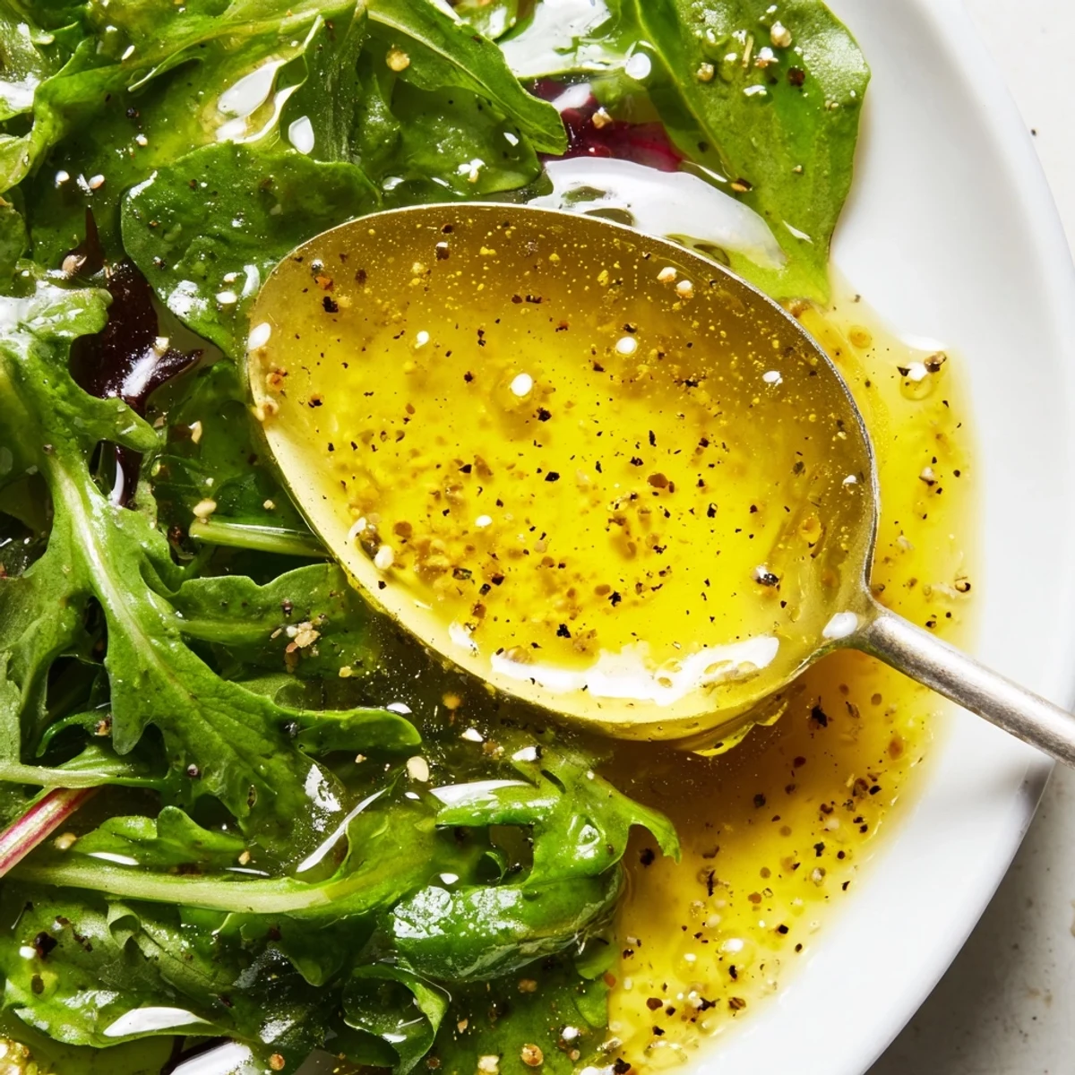 Creamy honey lemon vinaigrette dressing coating crisp salad vegetables on a wooden serving board