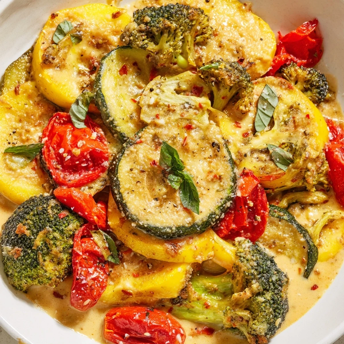 Golden oven-roasted vegetables drizzled with creamy sun-dried tomato sauce and fresh basil garnish