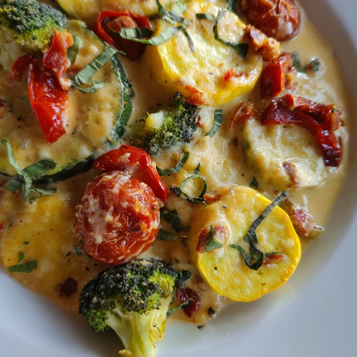 Colorful vegetable medley in rich sun-dried tomato cream sauce served on white platter