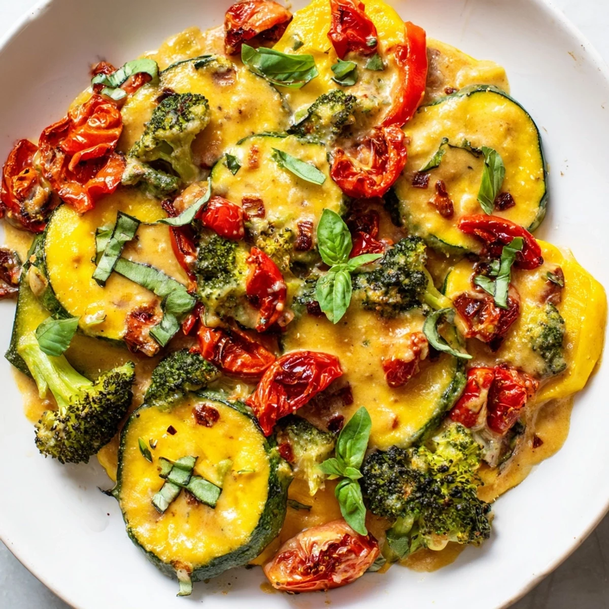 Roasted zucchini peppers and tomatoes coated in savory Parmesan sun-dried tomato sauce