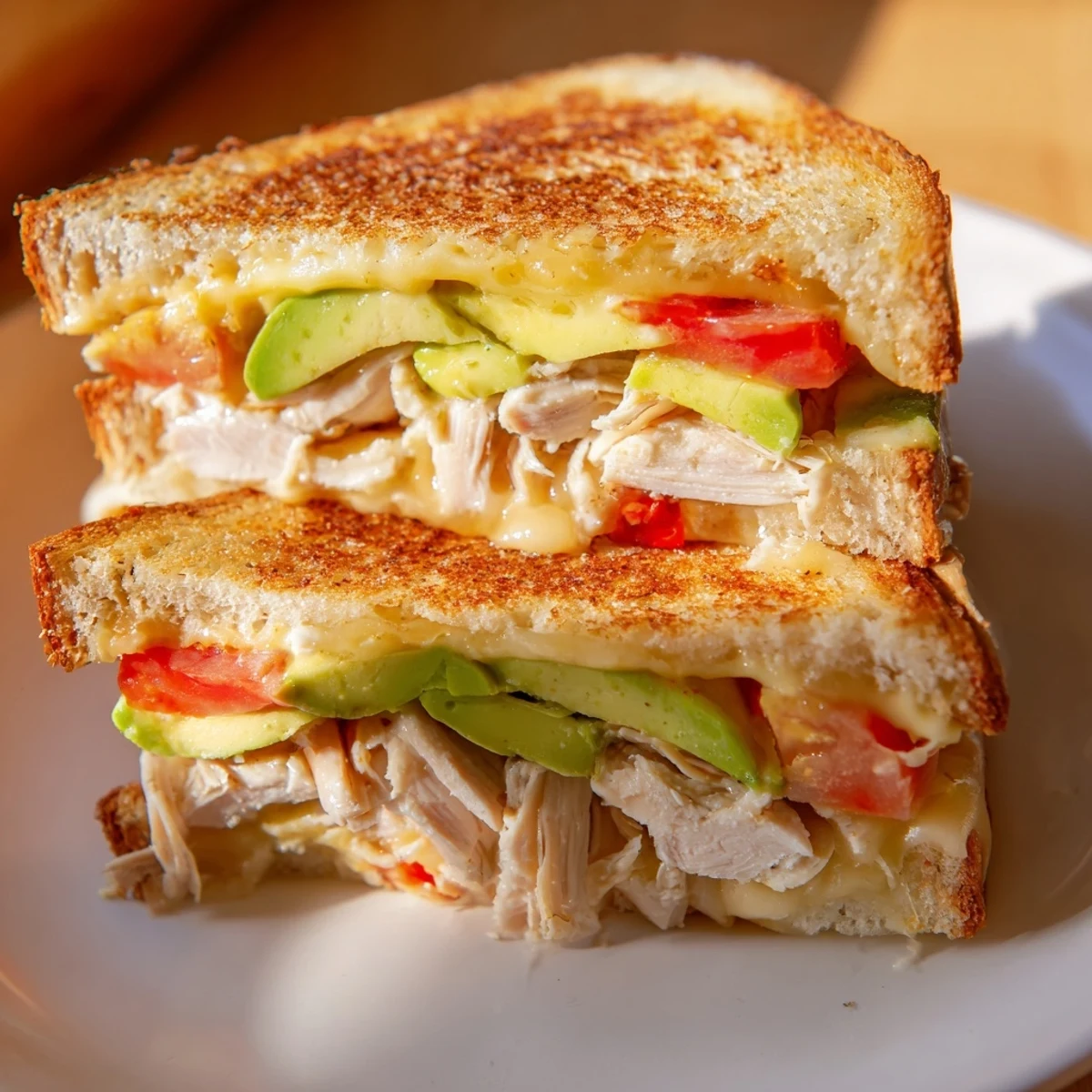 Golden grilled chicken avocado melt sandwich with melted cheese and fresh tomato slices on toasted sourdough bread