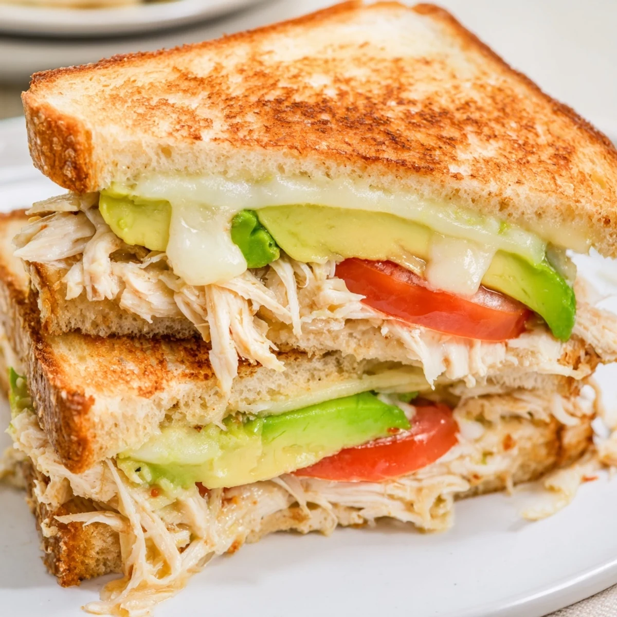 Chicken avocado melt sandwich halved to show golden crispy crust with oozing melted cheese and tender chicken filling