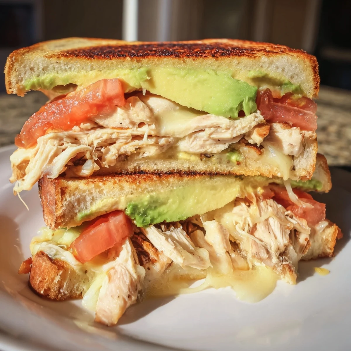 Sliced chicken avocado melt sandwich revealing layers of creamy avocado, melted provolone, and juicy tomatoes between buttery grilled bread