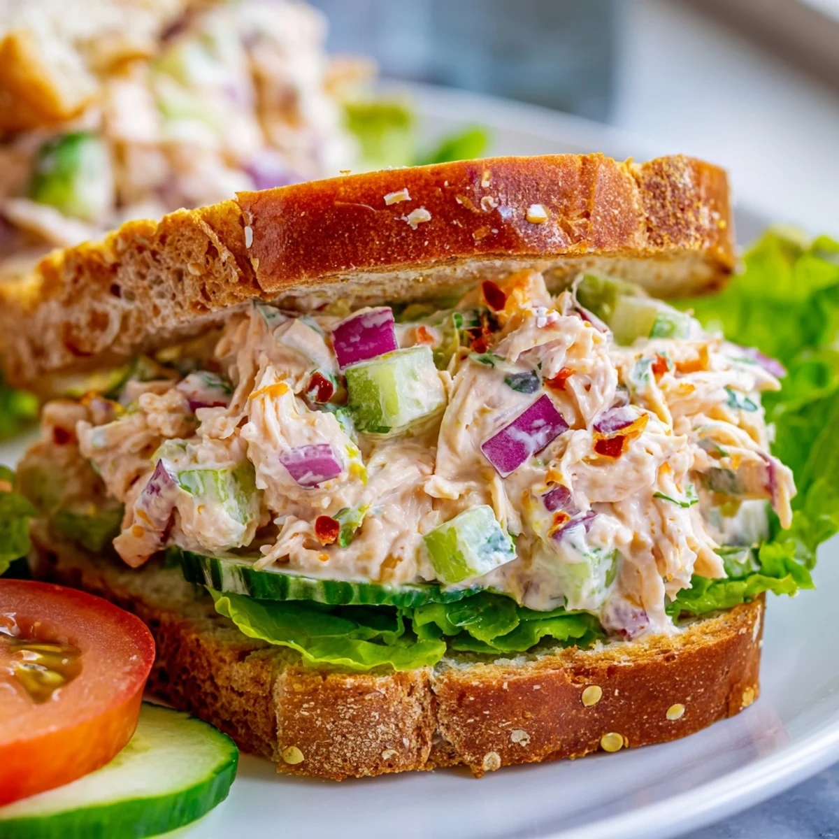 Golden chicken salad sandwich topped with spicy chili crisp and crisp cucumber slices