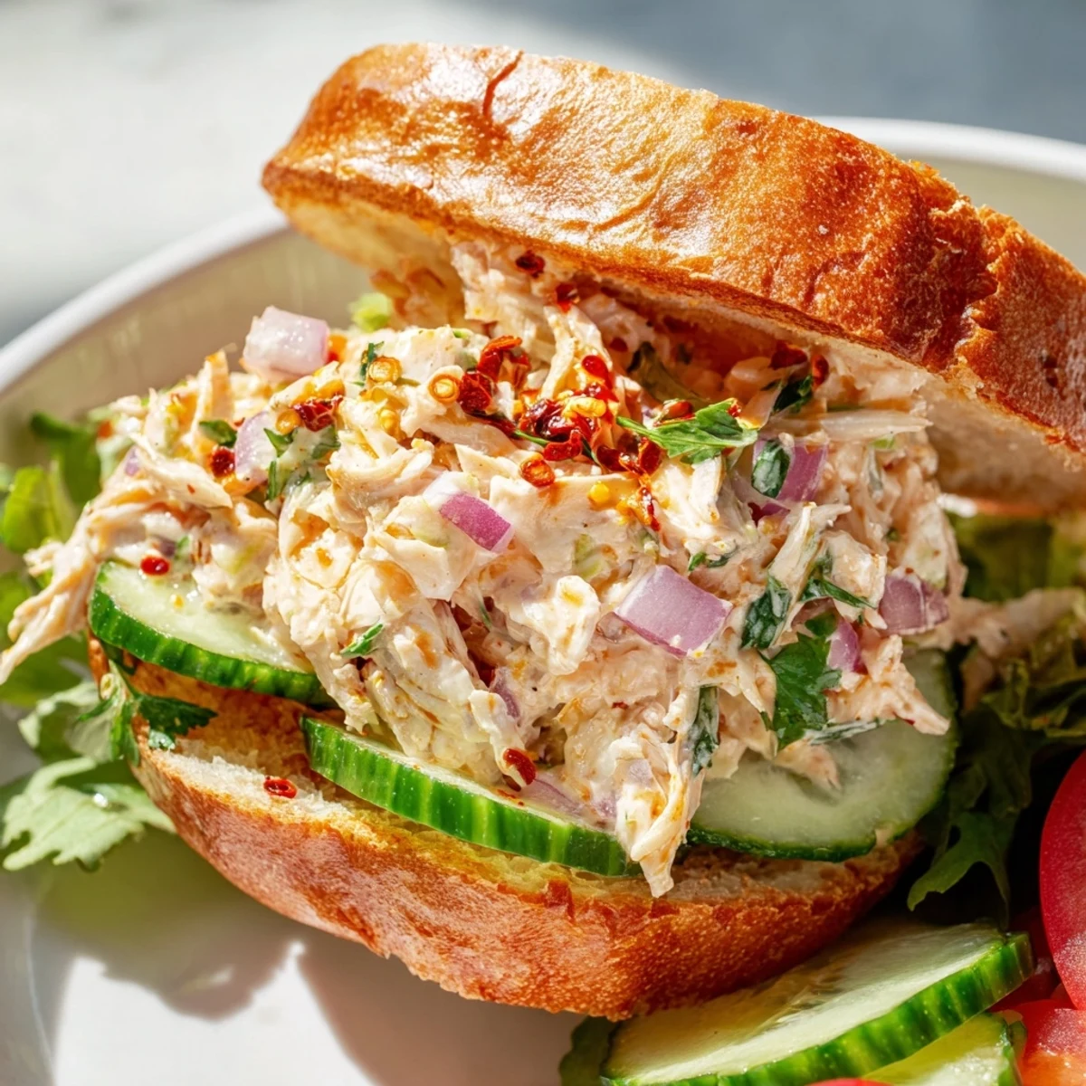 Open-faced chicken salad sandwich layered with fresh greens tomatoes and drizzled chili crisp