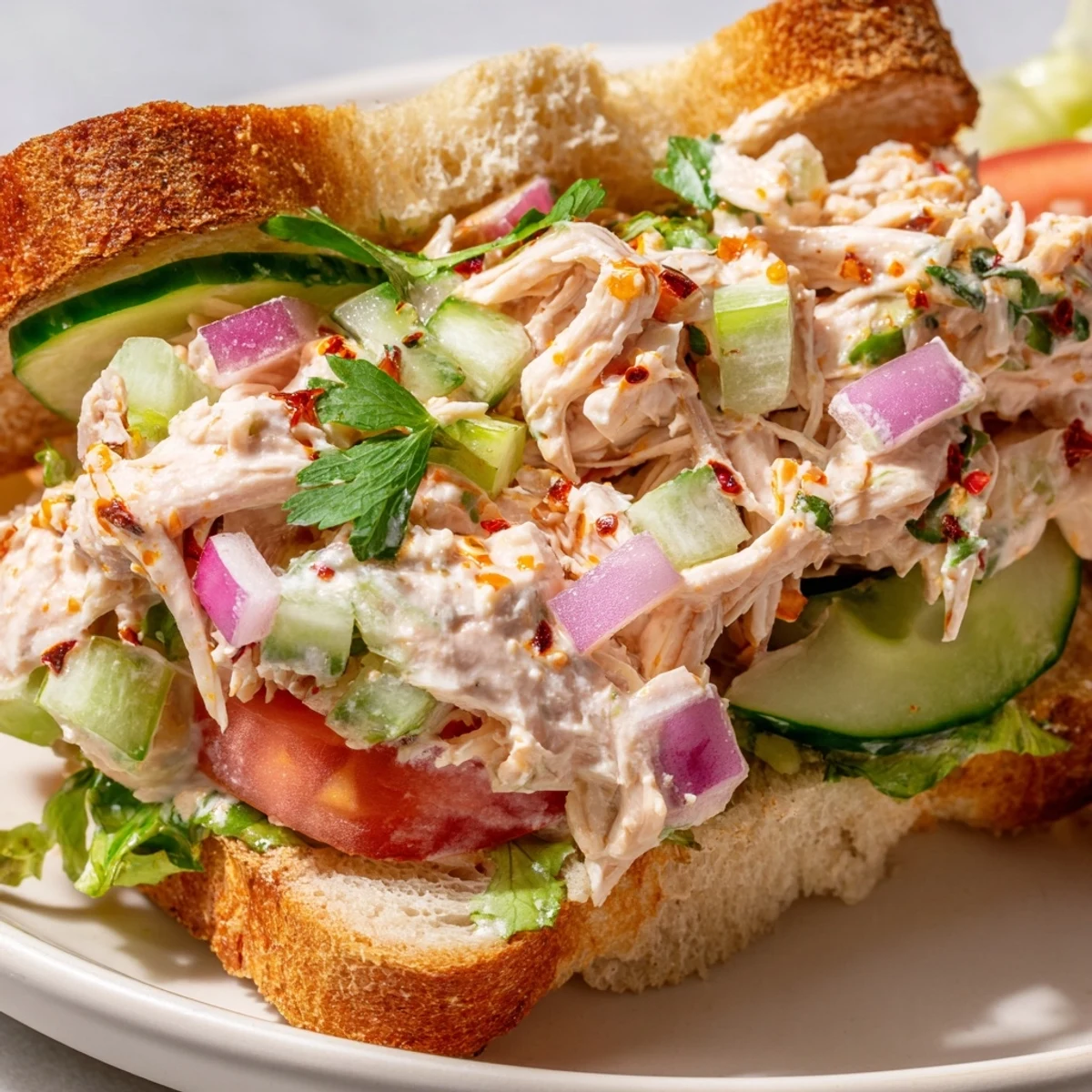 Toasted bread piled high with creamy chicken salad red onion and spicy chili crisp