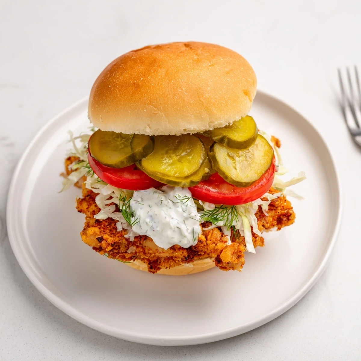 Golden crispy dill chicken sandwich topped with pickles and creamy mayo on toasted brioche bun