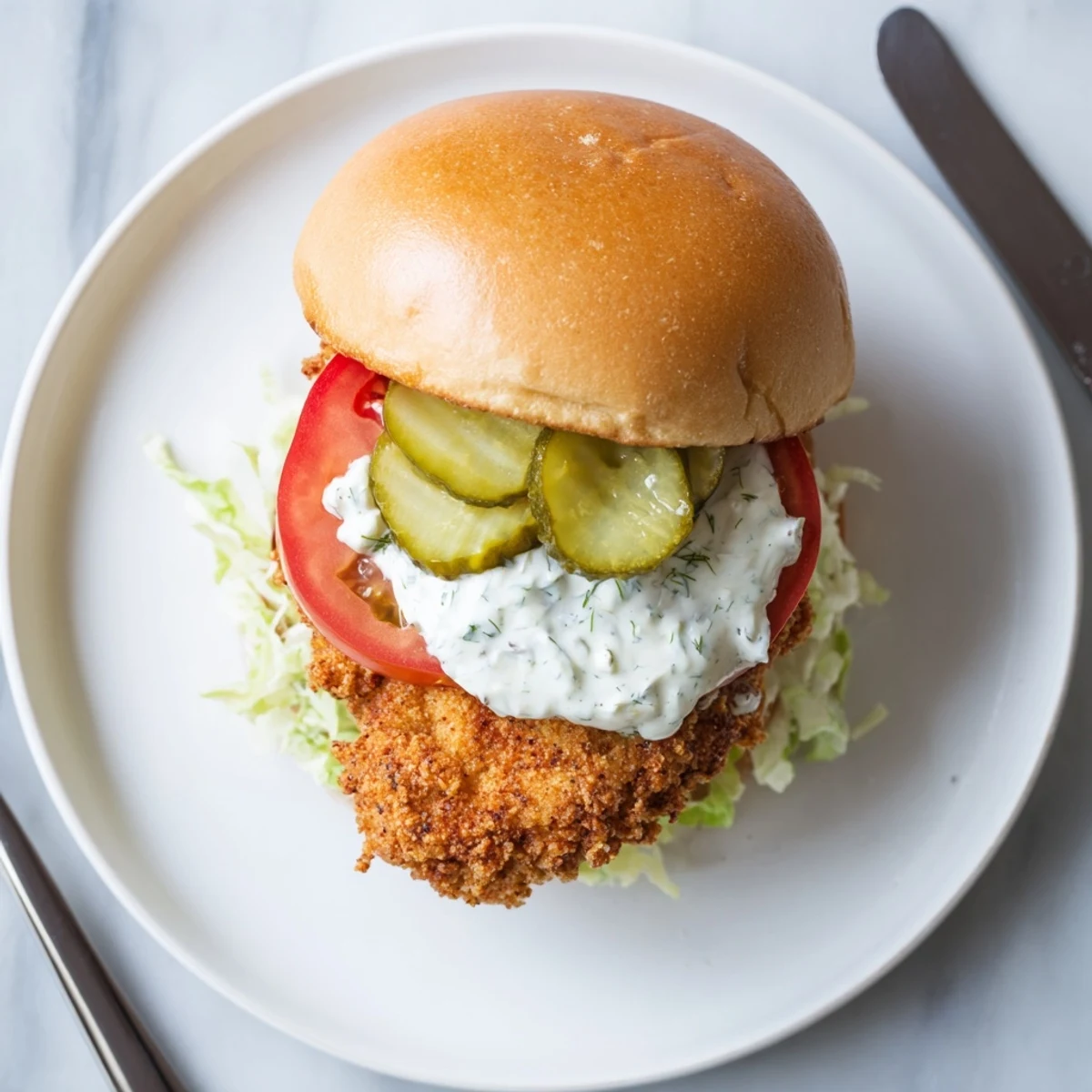 Savory crunchy chicken breast layered with fresh dill mayo lettuce and pickles on soft bun