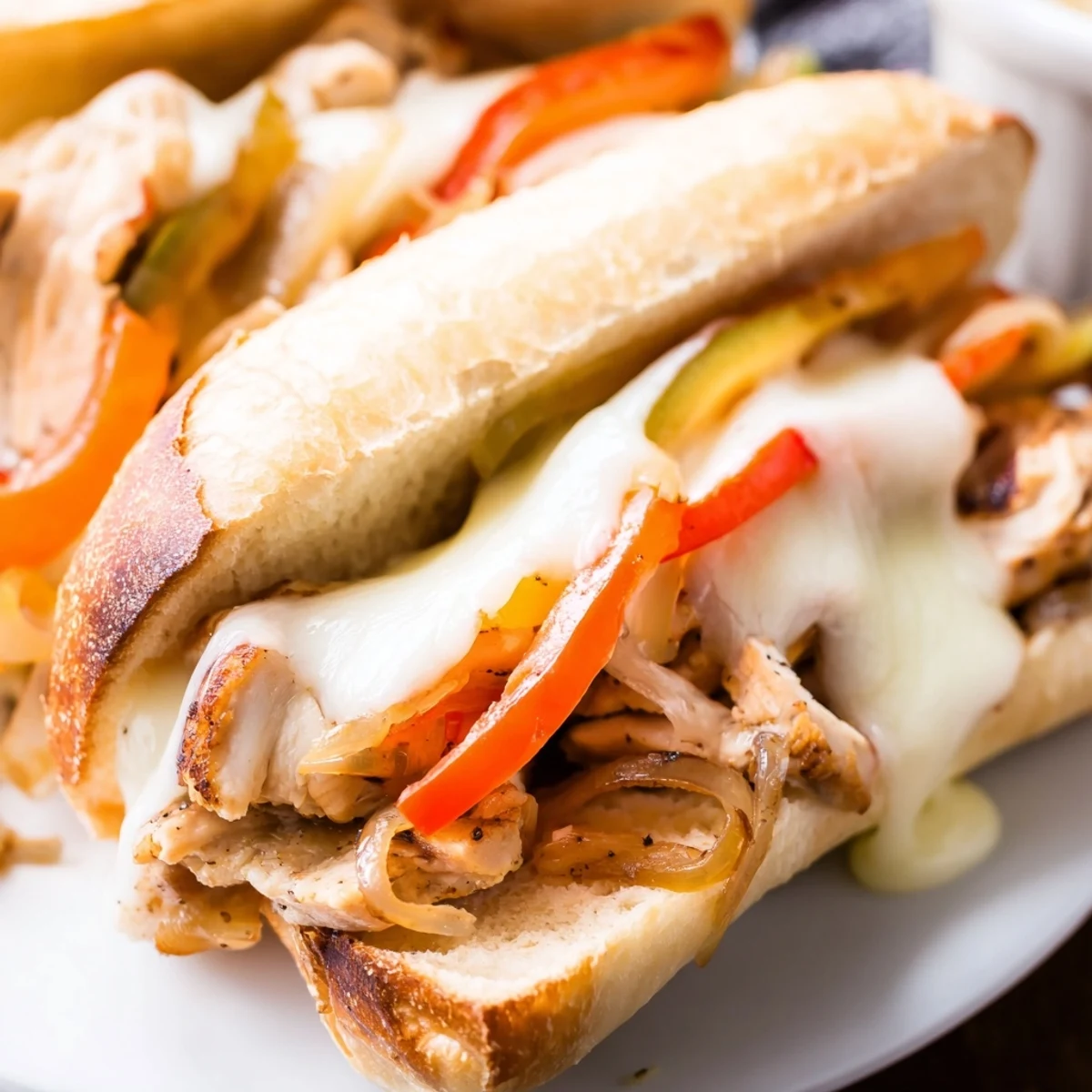 Golden toasted chicken cheesesteak sandwich overflowing with melted provolone, colorful peppers, and caramelized onions
