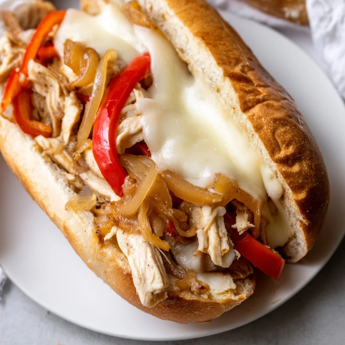 Homemade chicken cheesesteak sandwich featuring juicy seasoned chicken strips atop sautéed vegetables in a warm roll