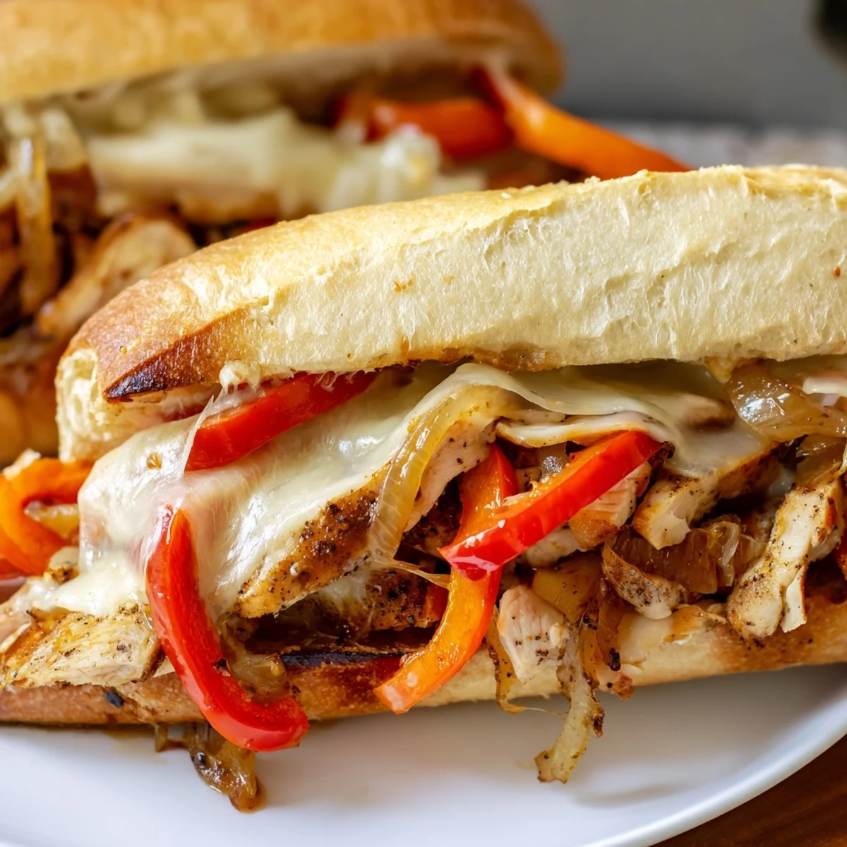 Delicious chicken cheesesteak sandwich piled high with cheesy chicken, crisp bell peppers, and onions on toasted bread