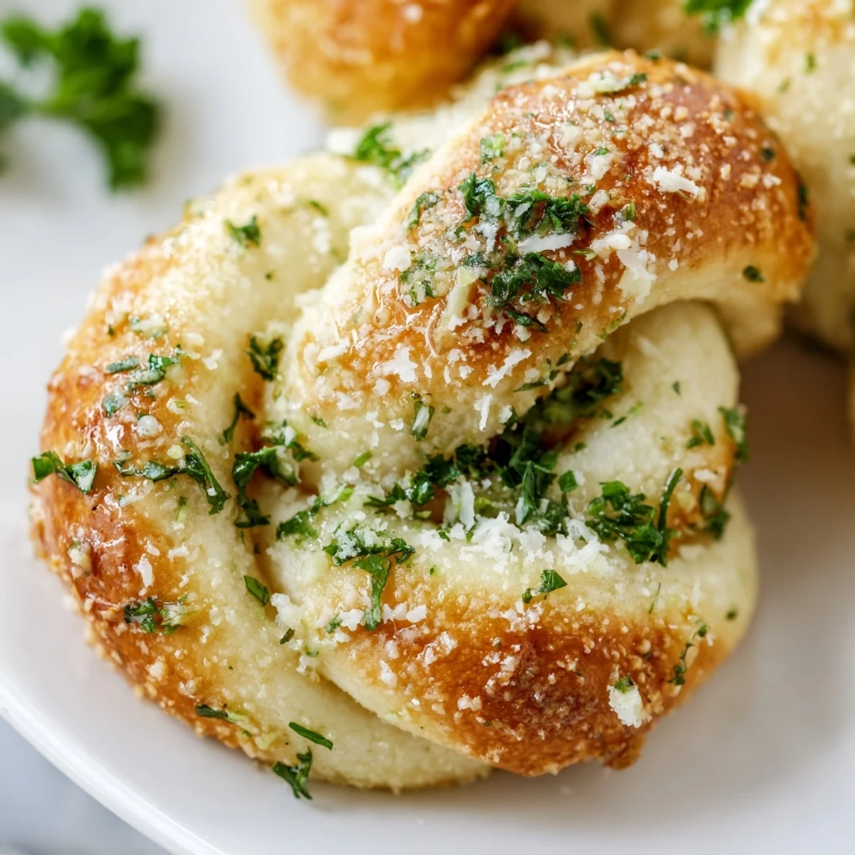 Soft pillowy gluten-free garlic knots tied into classic shapes, topped with Parmesan and herbs