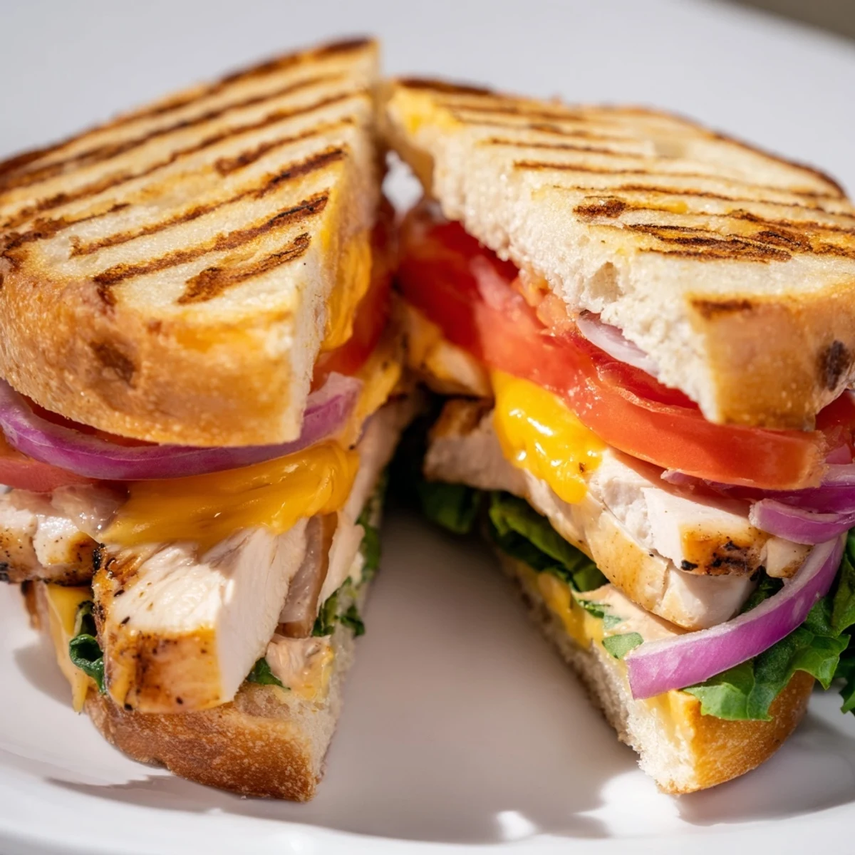 Golden brown cheesy grilled chicken sandwich stacked with crisp lettuce and fresh tomato slices on toasted bread