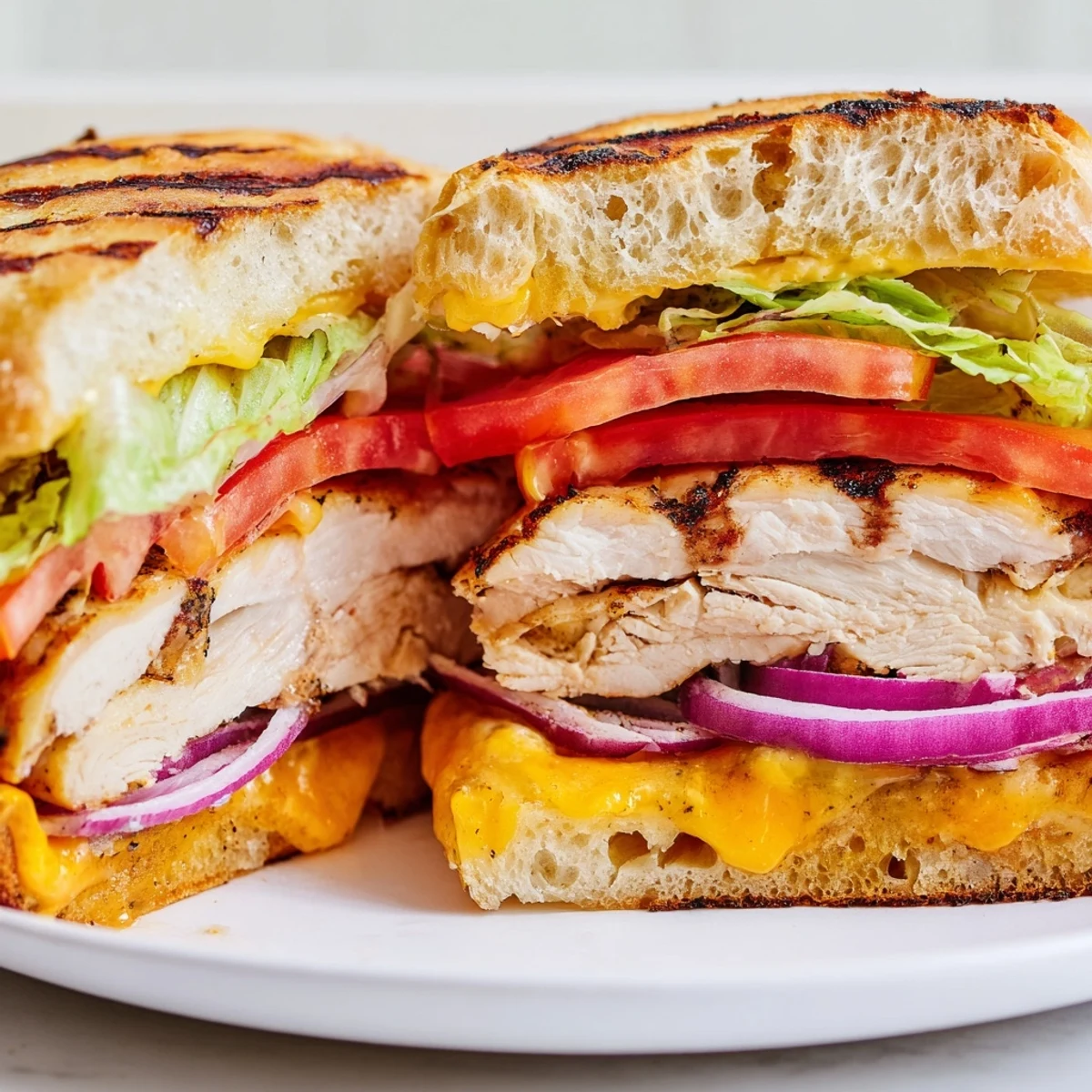 Juicy spiced chicken pieces with gooey melted cheese layered with red onion and romaine on a grilled bun