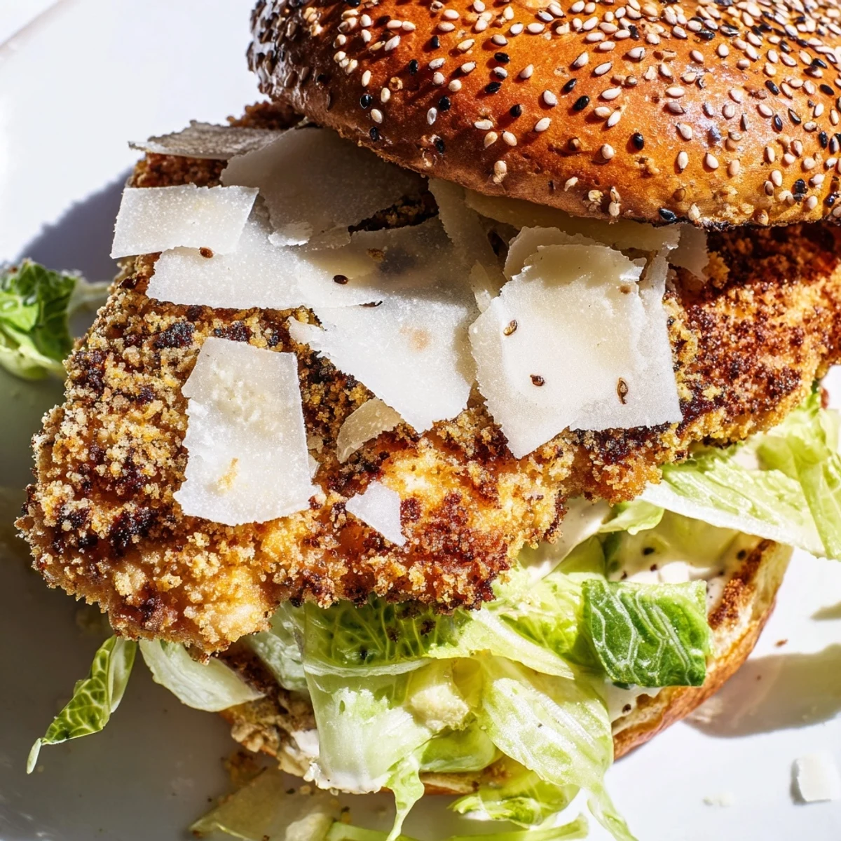 Handheld crispy chicken Caesar sandwich featuring fried chicken fillet and shaved Parmesan cheese topping