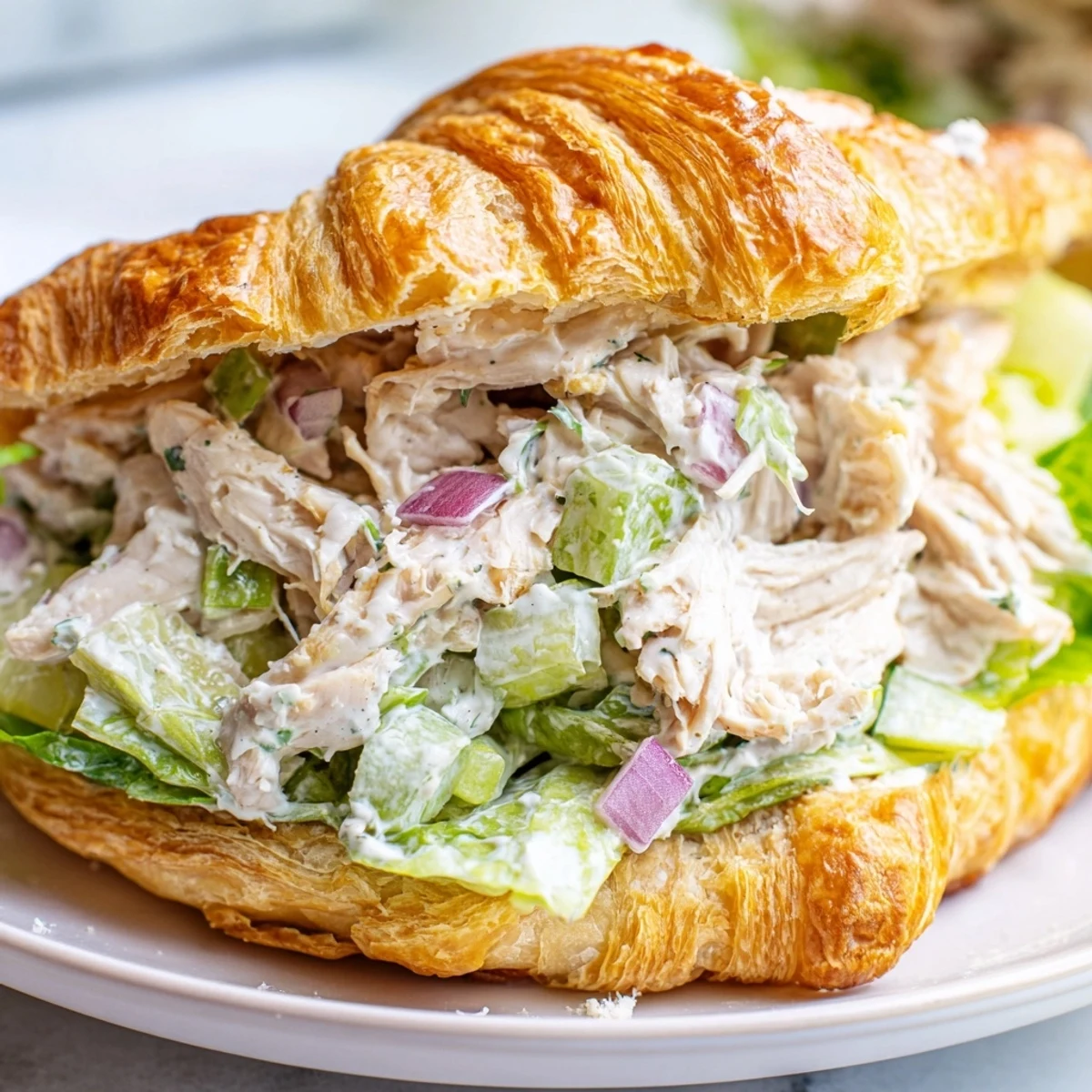 Gourmet chicken Caesar salad croissant featuring tender chicken and crunchy vegetables on buttery pastry