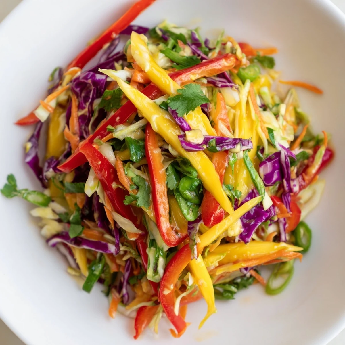 Fresh mango slaw featuring ripe fruit, colorful cabbage, and crisp veggies tossed in tangy lime vinaigrette