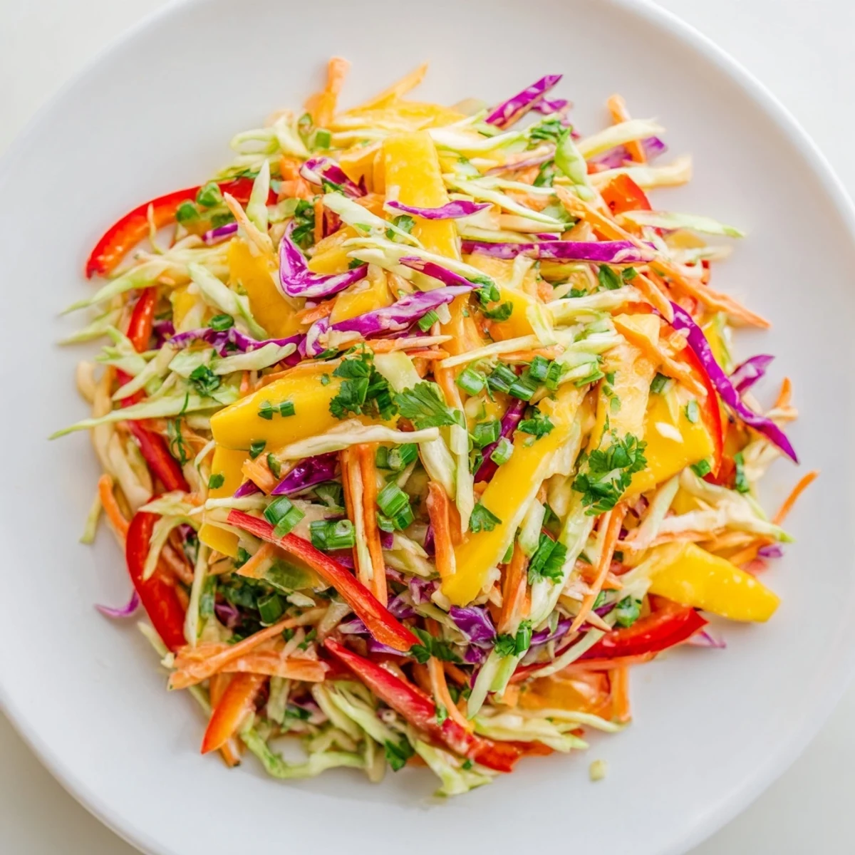 Vibrant bowl of delicious mango slaw with julienned carrots, red bell pepper, and cilantro garnish