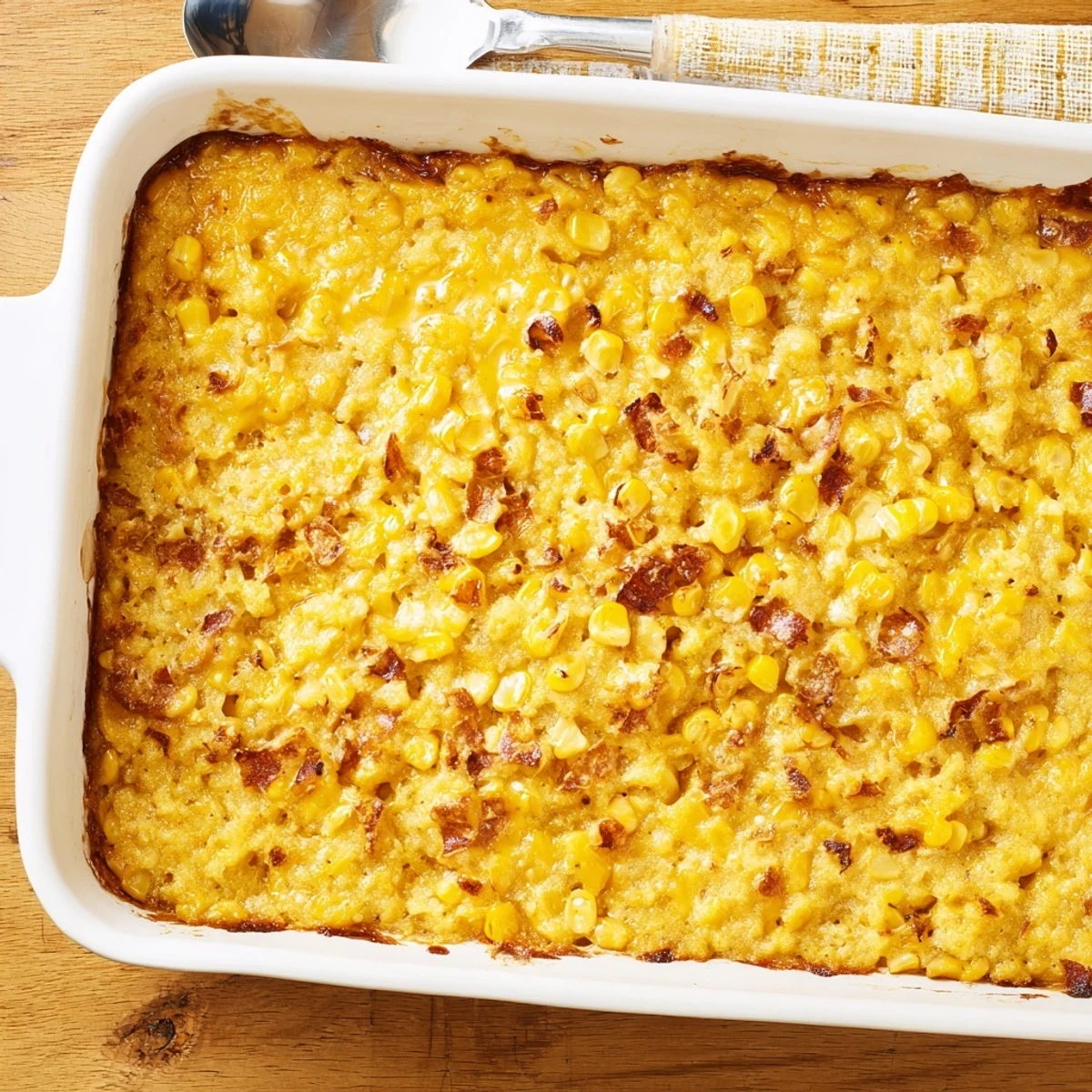 Spoonful of honey glazed corn casserole revealing the sweet creamy texture with golden caramelized edges and bright corn kernels