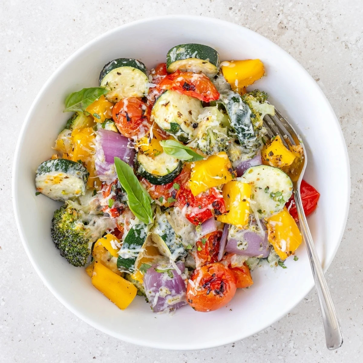 Colorful roasted vegetable medley tossed in creamy sun-dried tomato sauce with fresh basil garnish