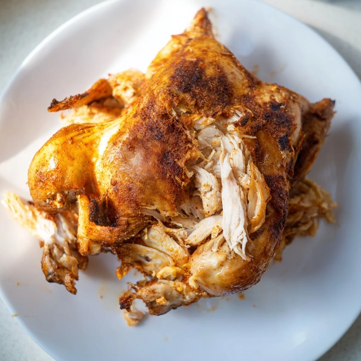 Golden brown juicy rotisserie chicken with crispy seasoned skin resting on a carving board
