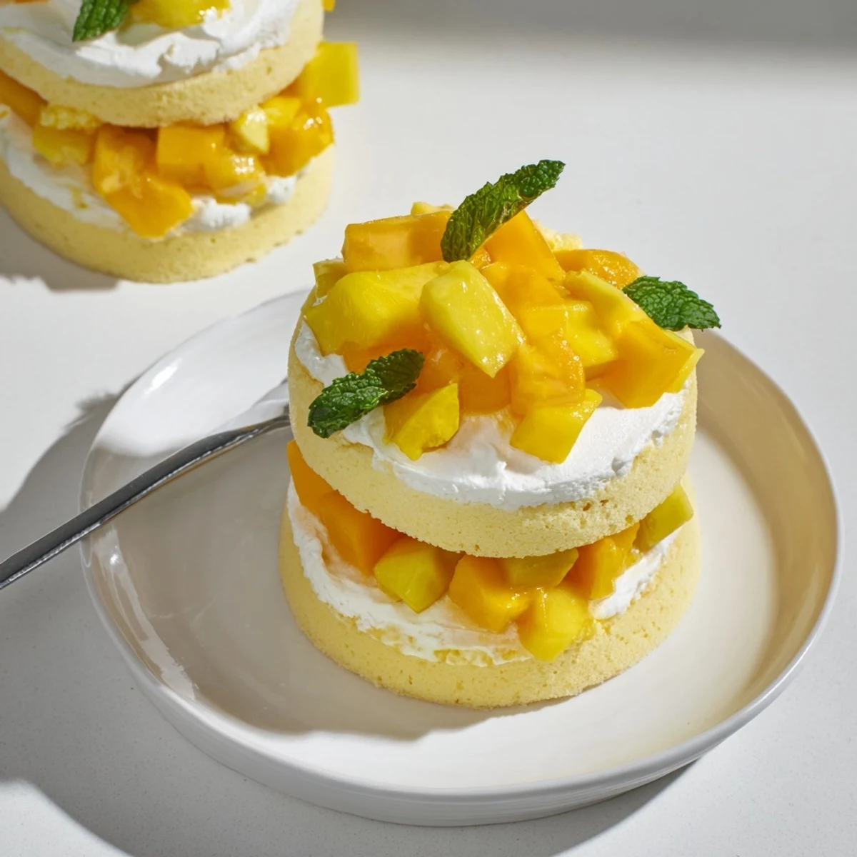 Elegant mini cake with tangy yuzu curd, sweet mango pieces, and light Chantilly cream frosting