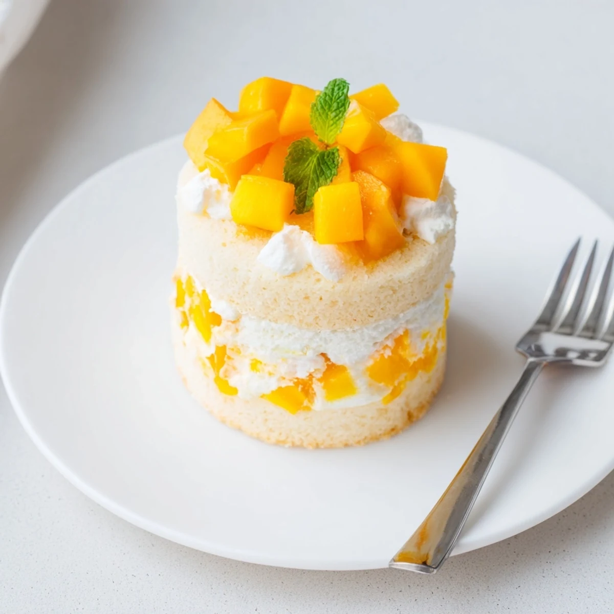 Mini Mango Yuzu Chantilly Cake featuring fluffy sponge layers topped with fresh mango and whipped cream