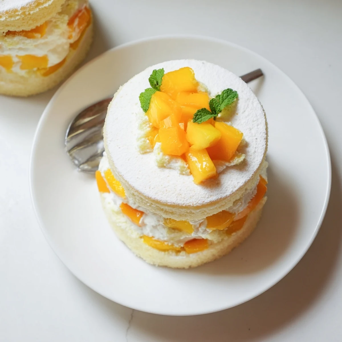 French-Japanese fusion dessert displaying soft sponge cake filled with tropical mango and citrus yuzu cream