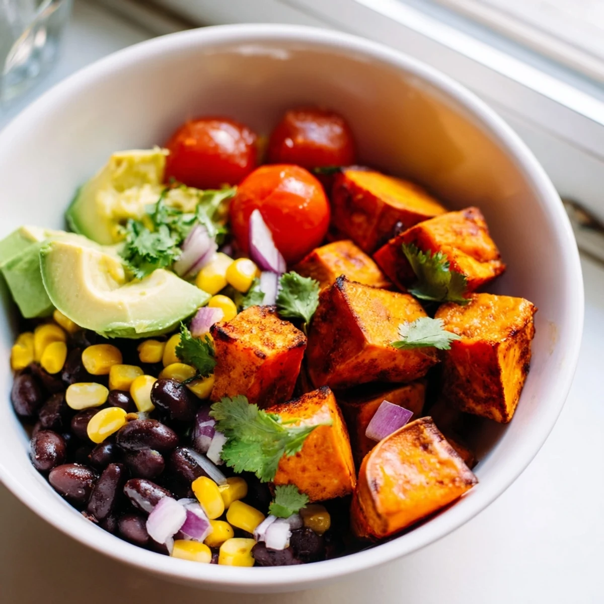 Colorful vegan sweet potato burrito bowl piled with roasted potatoes, black beans, and fresh guacamole