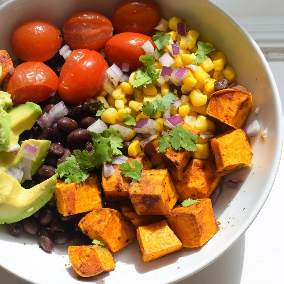 Hearty Mexican-inspired vegan sweet potato burrito bowl served in a white ceramic dish with lime