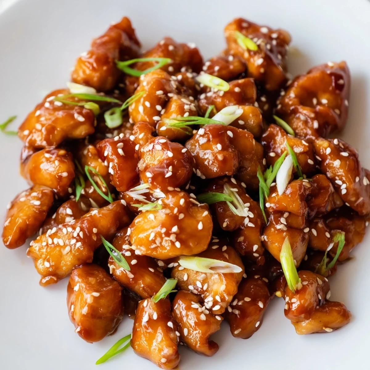 Golden chicken pieces glazed in thick sticky sweet chili sauce with sesame seed garnish