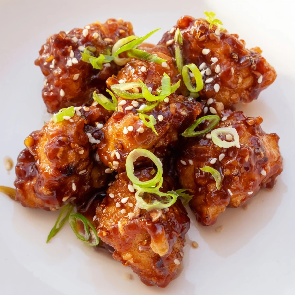 Tender sticky sweet chili chicken served over white rice with fresh sliced green onions