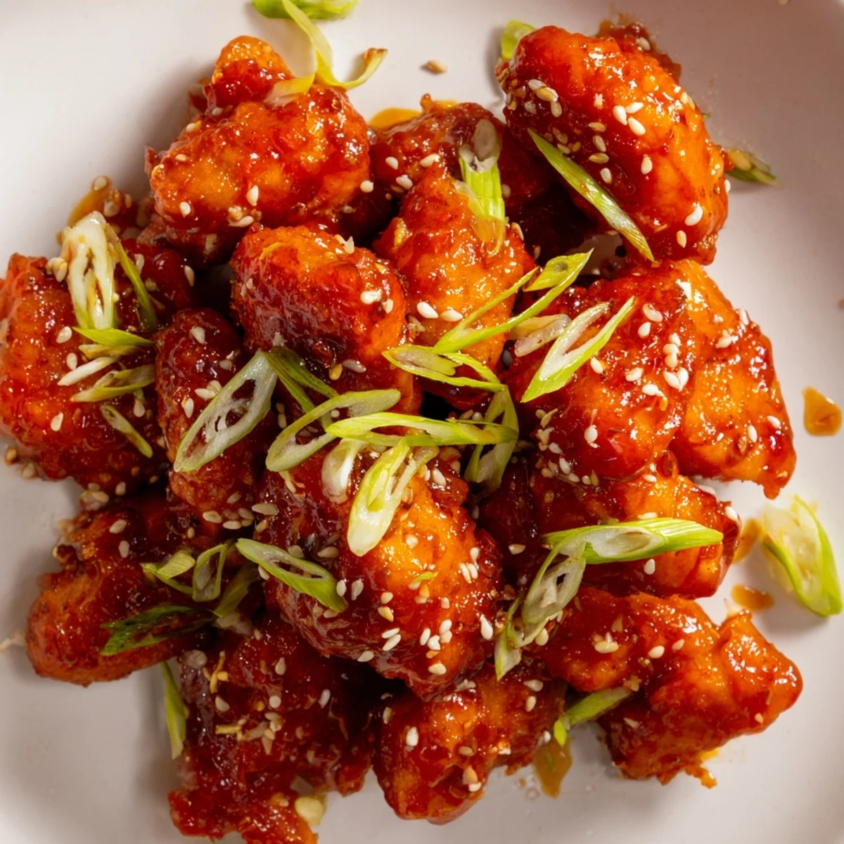 Crispy coated chicken tossed in glossy red sweet and spicy chili sauce on a white plate