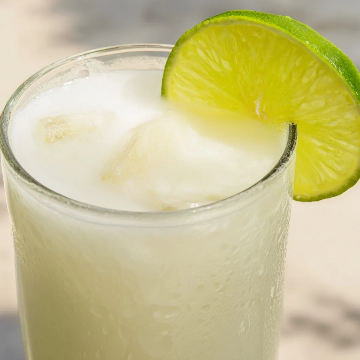 Glass of creamy Brazilian lemonade over ice garnished with fresh lime slices on a wooden table