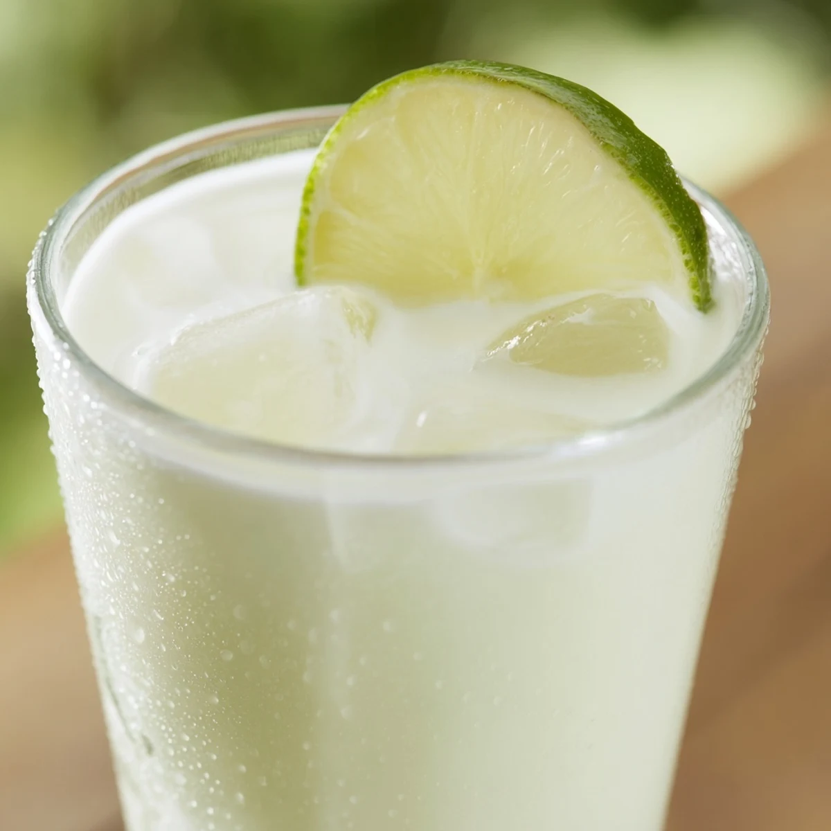 Frothy glass of Brazilian lemonade being poured over ice cubes with lime wedges on the side
