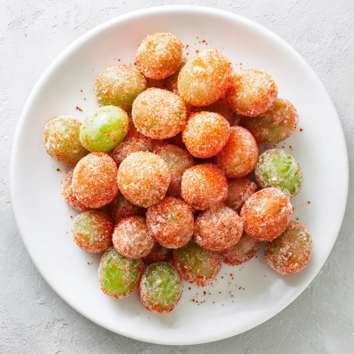 Frozen Tajín grapes coated in spicy citrus seasoning on a white serving plate