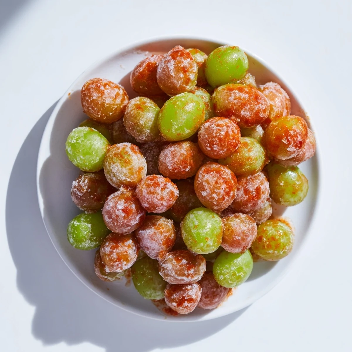 Green grapes dusted with red Tajín powder and fresh lime zest for freezing