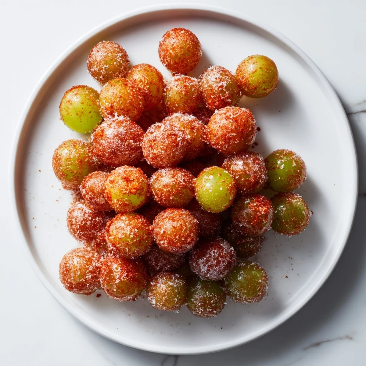 Bowl of chilled green grapes tossed with tangy lime and spicy Mexican seasoning