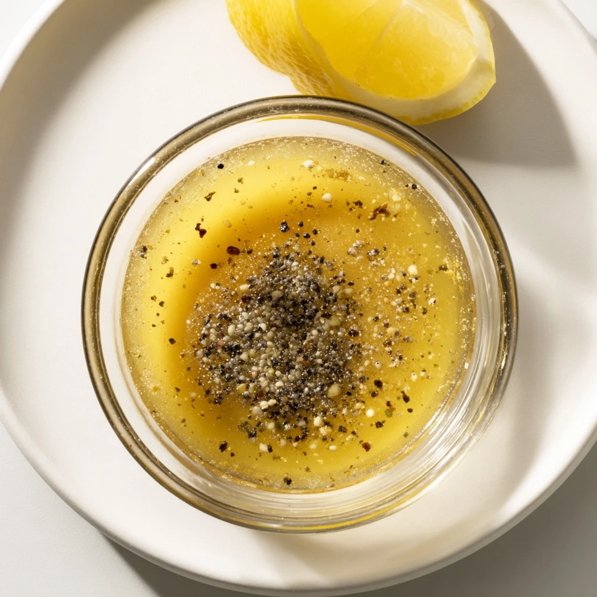 Golden honey lemon vinaigrette drizzled over fresh mixed greens in a white bowl.