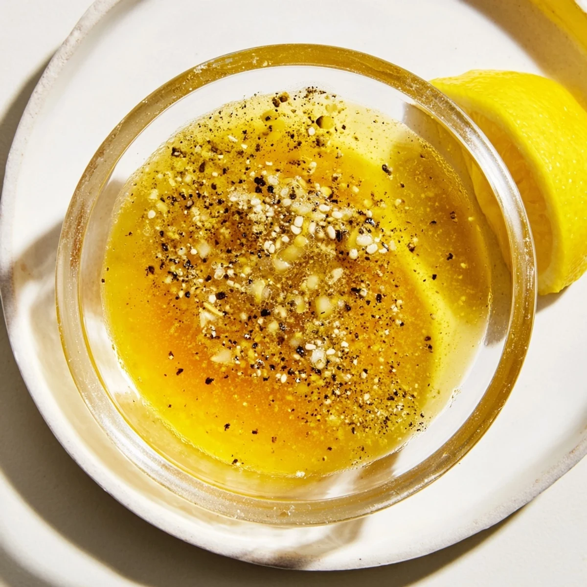 Creamy honey lemon vinaigrette dressing served in a glass jar beside sliced lemons.